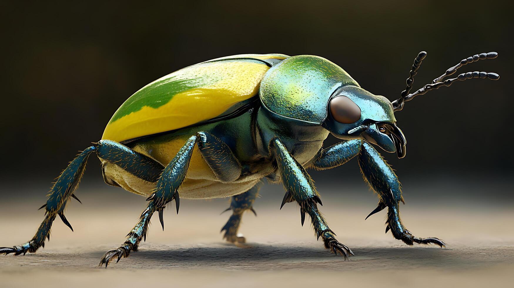 Macro photograph displays a vibrant beetle with iridescent shell showcasing intricate detail The legs and antennae standout photo