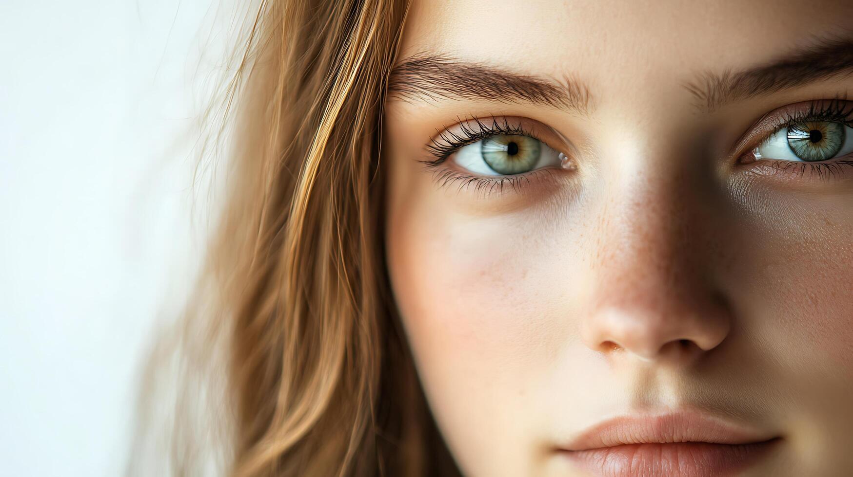 Close-up of a woman's face featuring clear vibrant green eyes light brown hair and soft natural skin tones photo