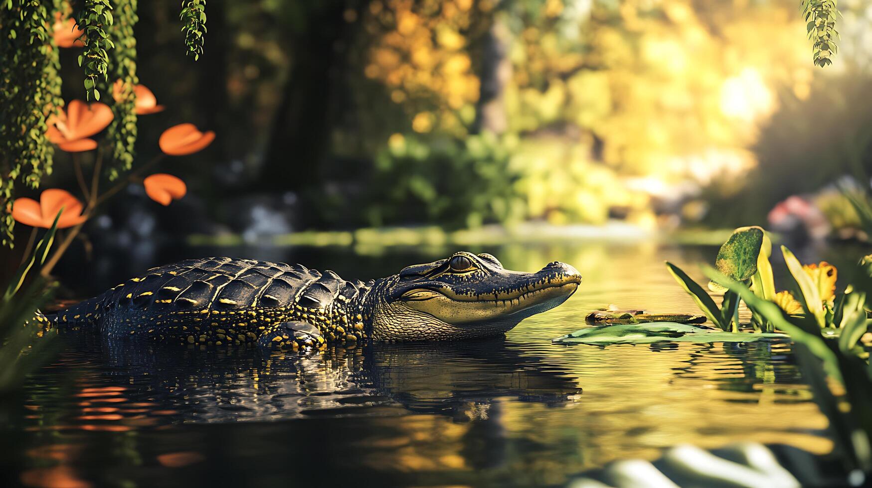 Alligator in a serene swamp basking in golden sunlight surrounded by flora a picture of nature's tranquility photo