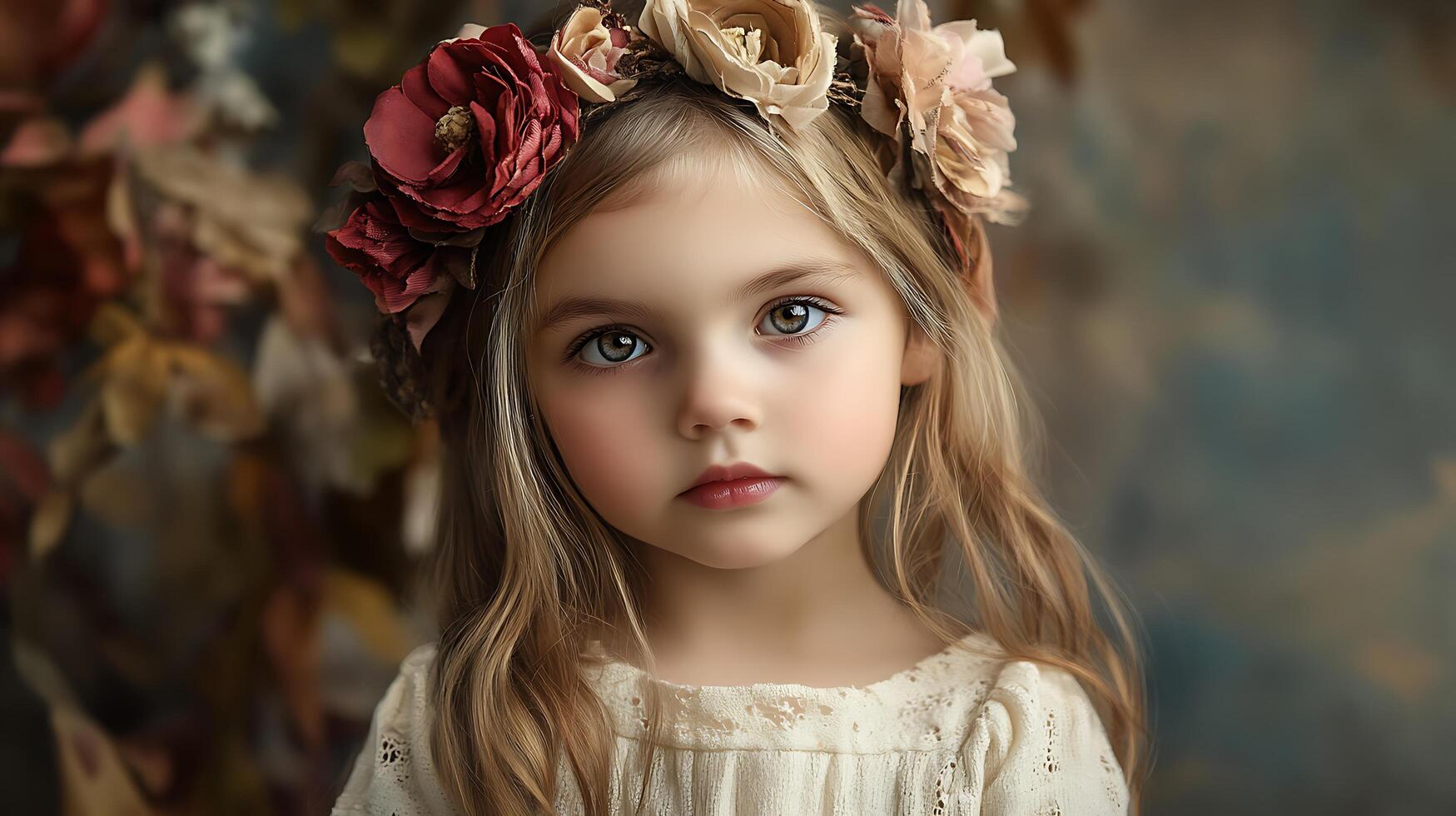 Portrait of a beautiful young girl with a flower crown her eyes captivating showcasing youthful innocence and delicate beauty photo