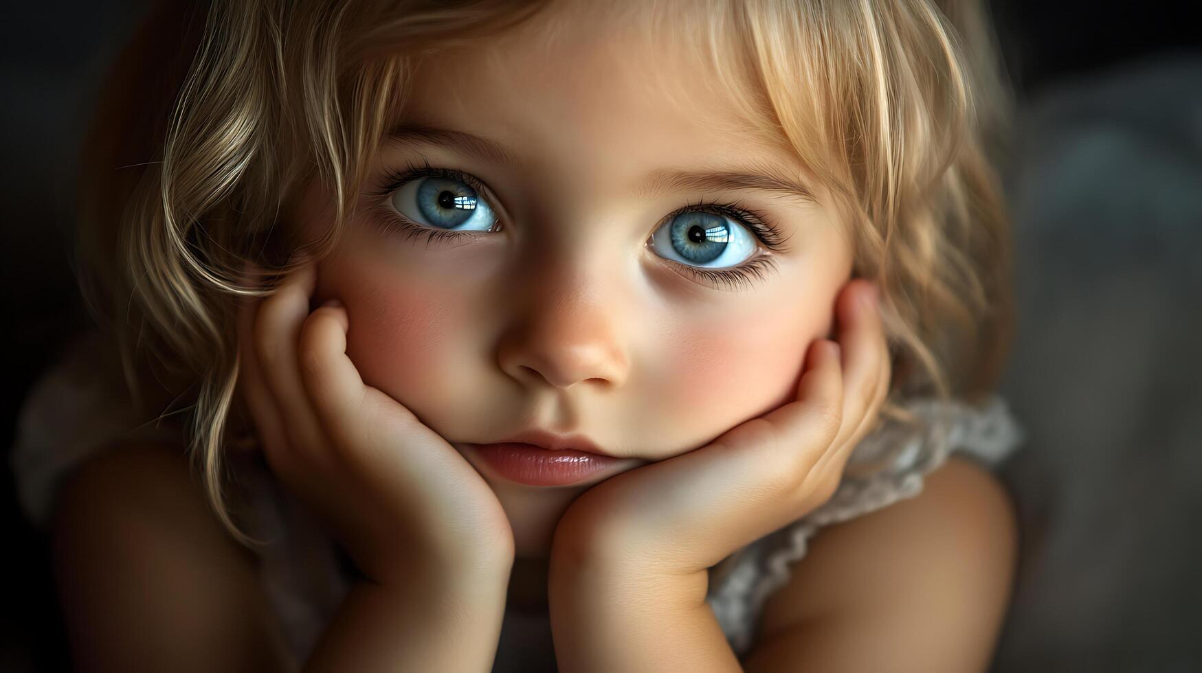 Close-up portrait of a young girl with striking blue eyes fair skin and blonde hair resting her face on her hands photo