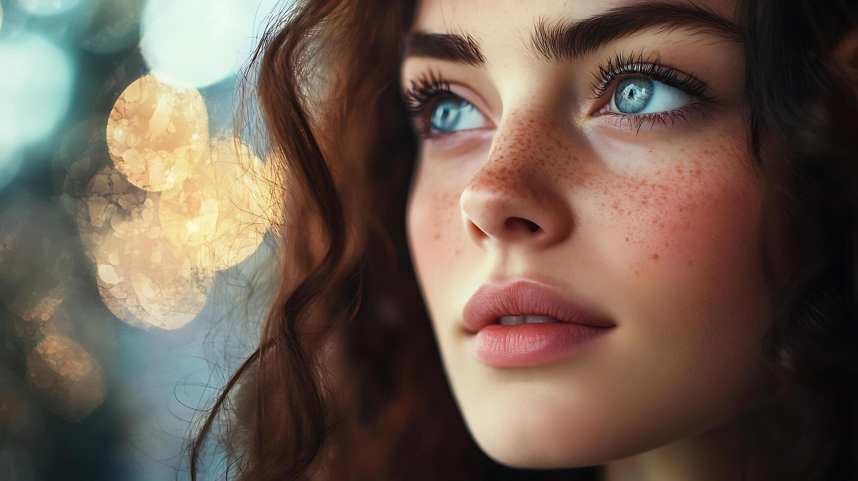 Closeup of a woman with fair skin freckles blue eyes and brown curly hair looking up soft bokeh background photo