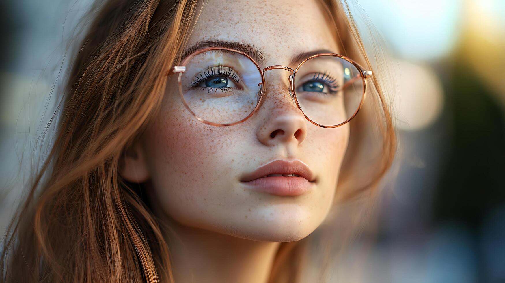 Portrait of a young woman with freckles wearing round glasses gazing upwards into the distance with bright blue eyes photo