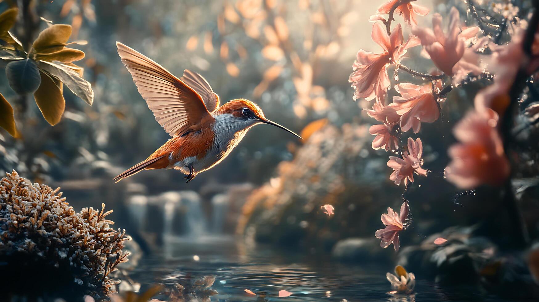 A hummingbird with orange and white feathers is in flight near water and flowers in a serene nature setting photo