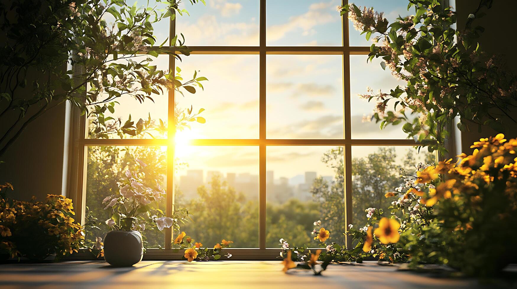 Sunlit window view of a cityscape framed by vibrant flowers and greenery bringing nature indoors with a sense of peace photo