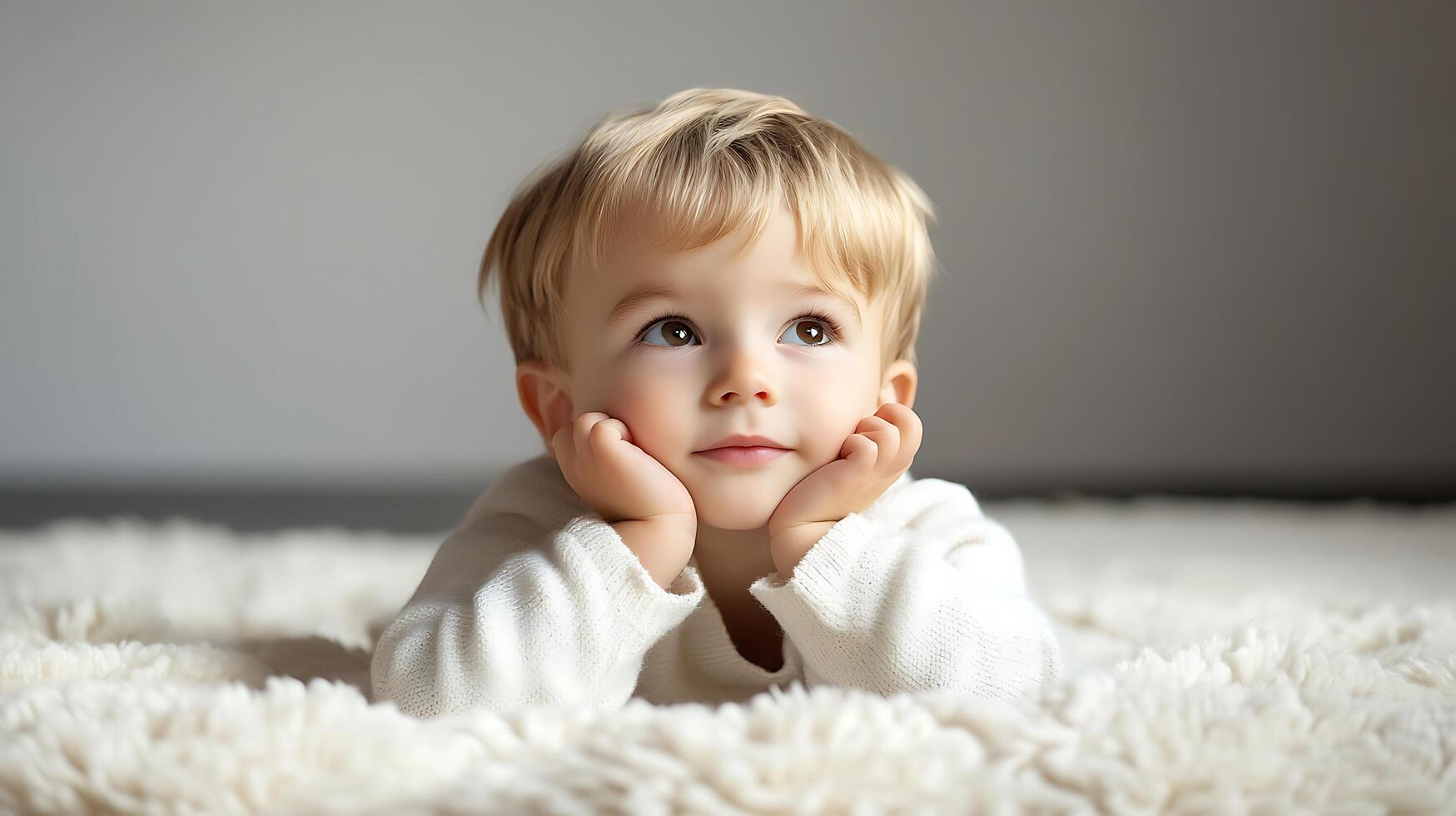 Adorable toddler gazing upwards while resting on a soft fluffy rug in a serene setting bathed in gentle light photo