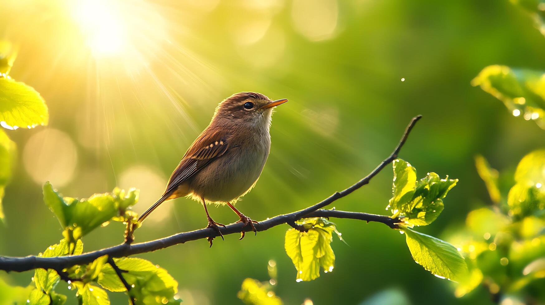 A small brown bird rests on a branch basking in the sun's warmth a tranquil scene of nature's beauty and peace photo