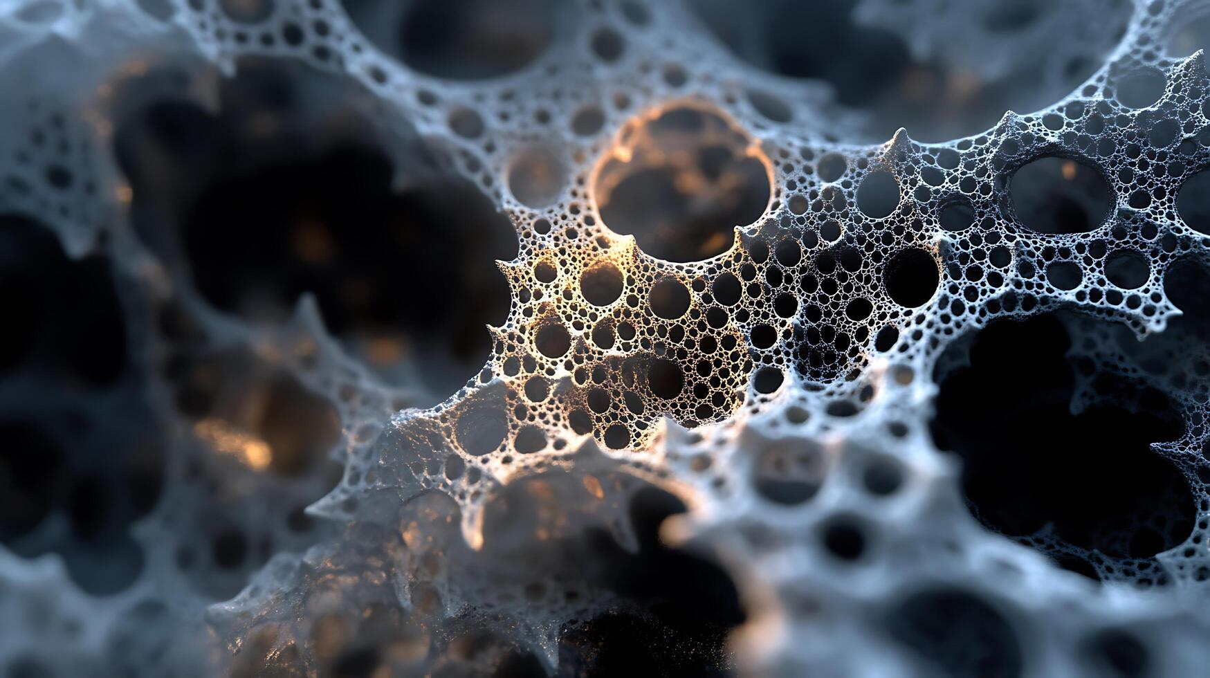 Abstract cellular structure with intricate interconnected holes and contrasting dark voids illuminated by soft light photo