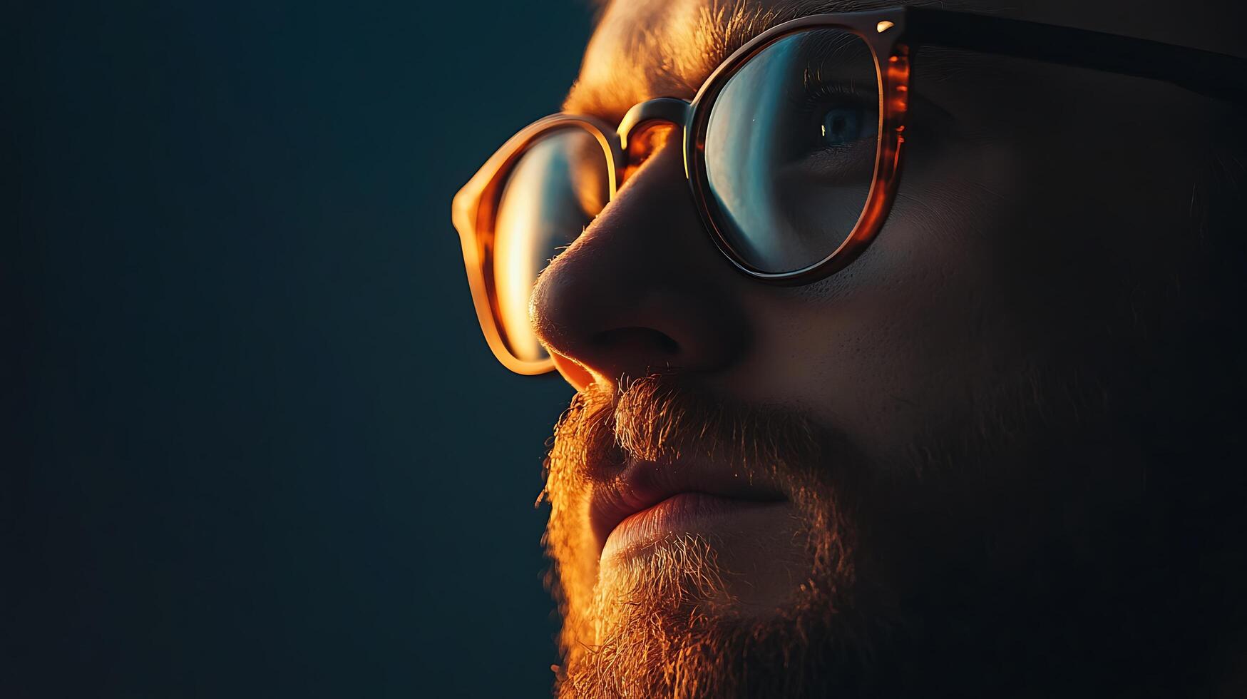 Contemplative man with glasses gazing into the distance illuminated by warm light against a dark background focusing on face photo