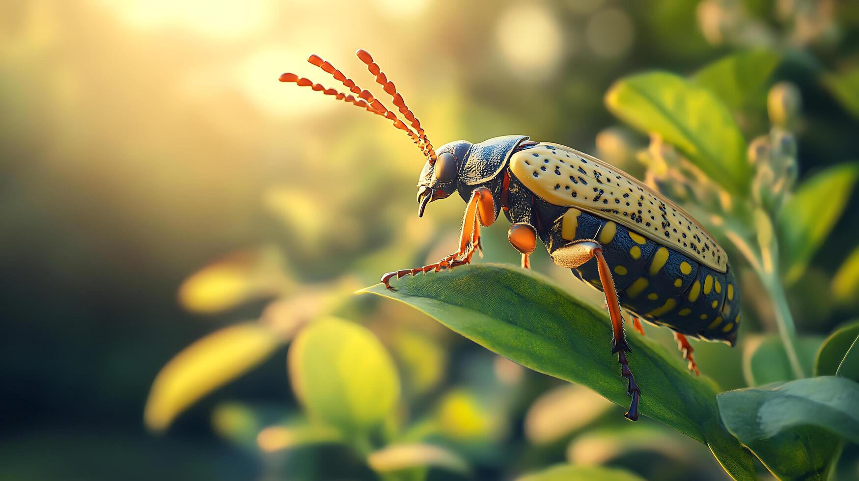 Close-up of a colorful bug perched on a green leaf basking in the sunlight of a bright natural outdoor setting photo
