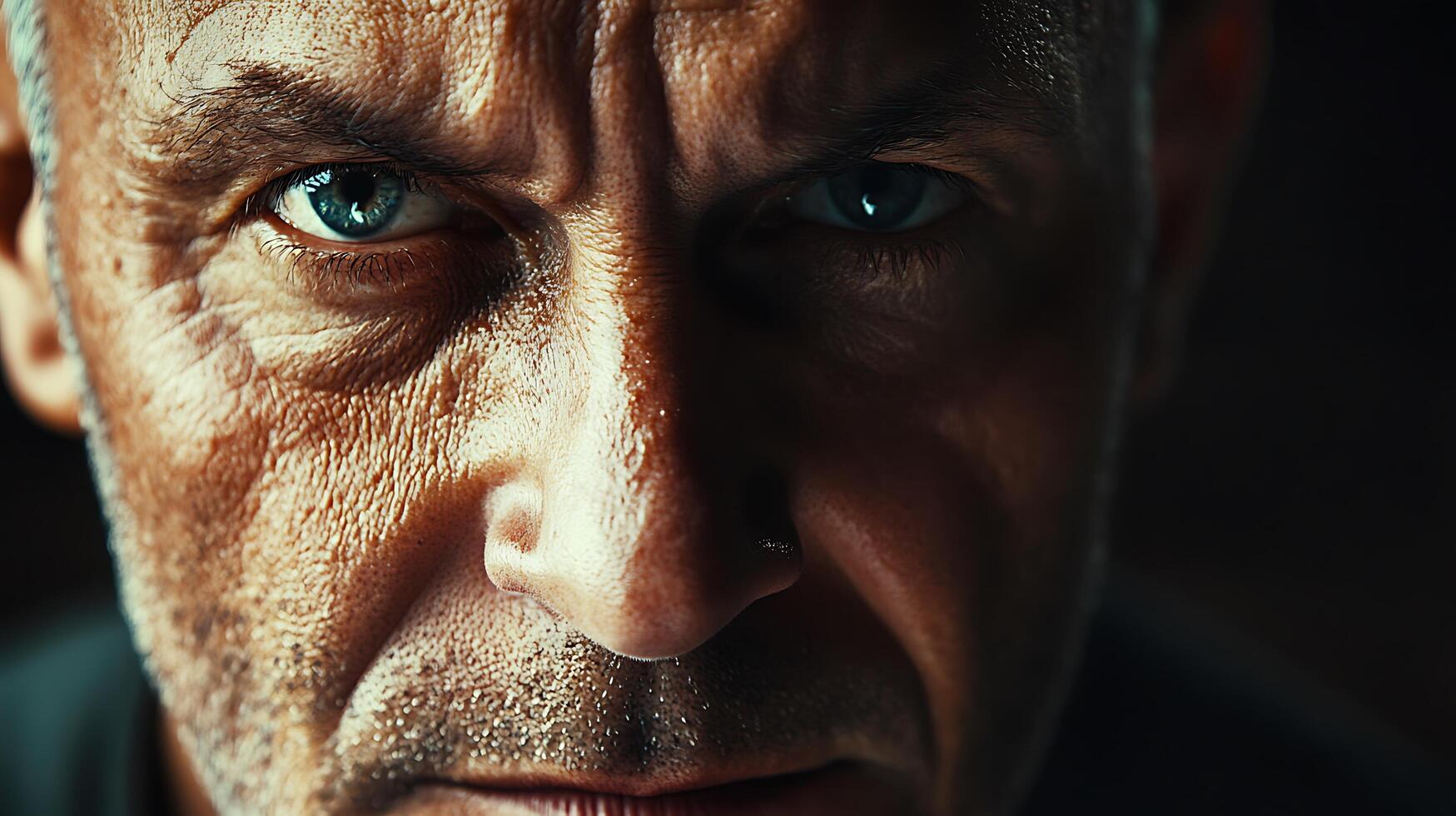 Close-up portrait of a man with intense gaze capturing his weathered skin and piercing blue eyes conveying a sense of gravity photo