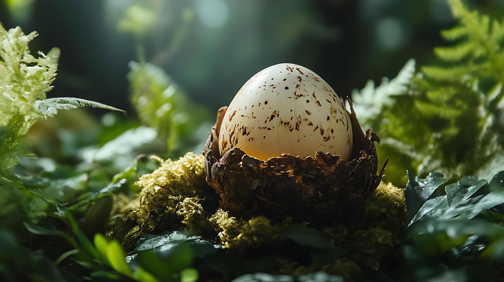 Speckled egg nestled in a bark nest surrounded by lush moss and ferns bathed in soft sunlight Nature's promise photo