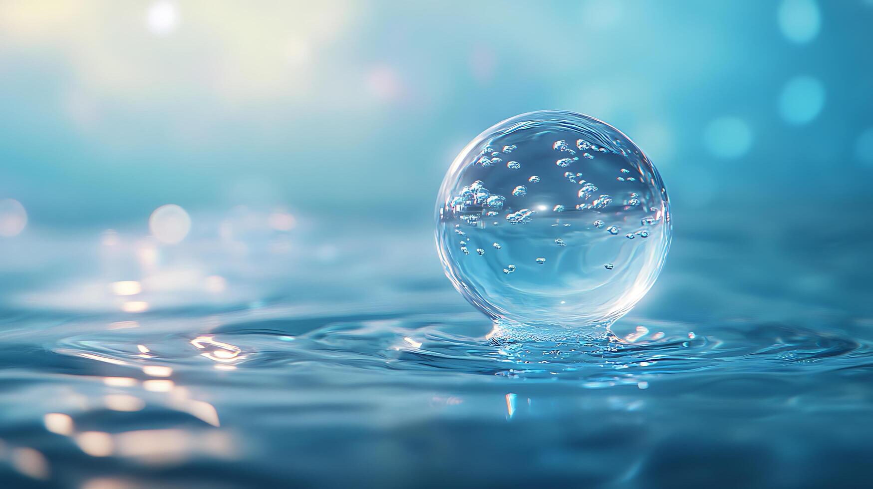 Water sphere resting on the surface of water with small bubbles inside reflecting light and surface distortions photo