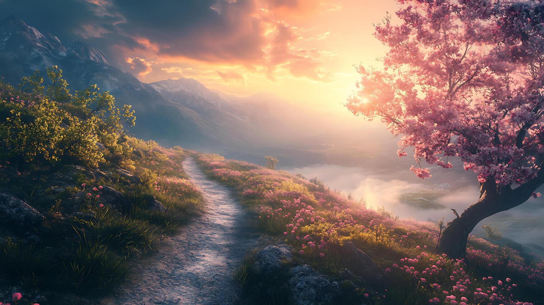 A scenic mountain pathway leads to a vista bathed in golden light with blossoming trees in the foreground Serene nature photo