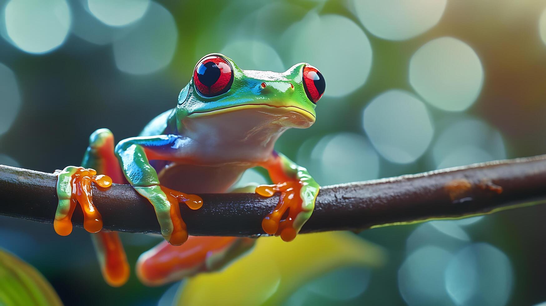 A vibrant red-eyed tree frog its bright colors popping against the bokeh background adds a touch of wonder to nature photography photo