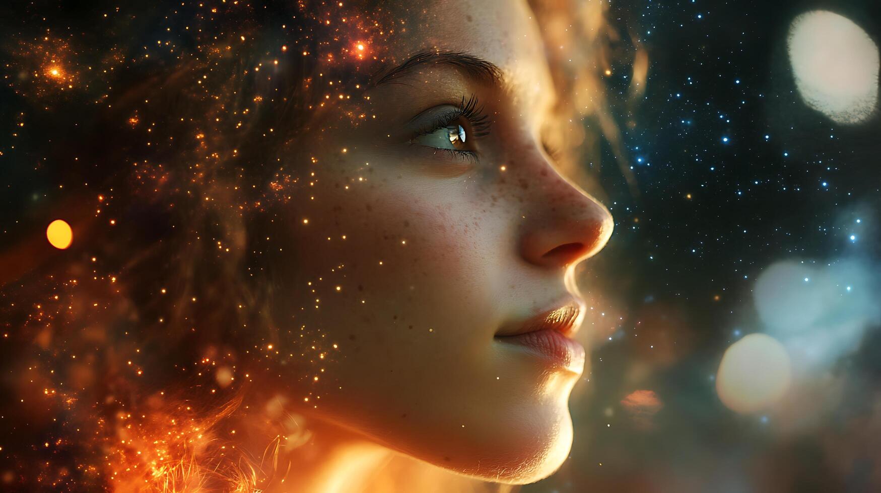 Portrait with cosmic background a mesmerizing blend of human beauty and celestial wonders dreamy and ethereal photo