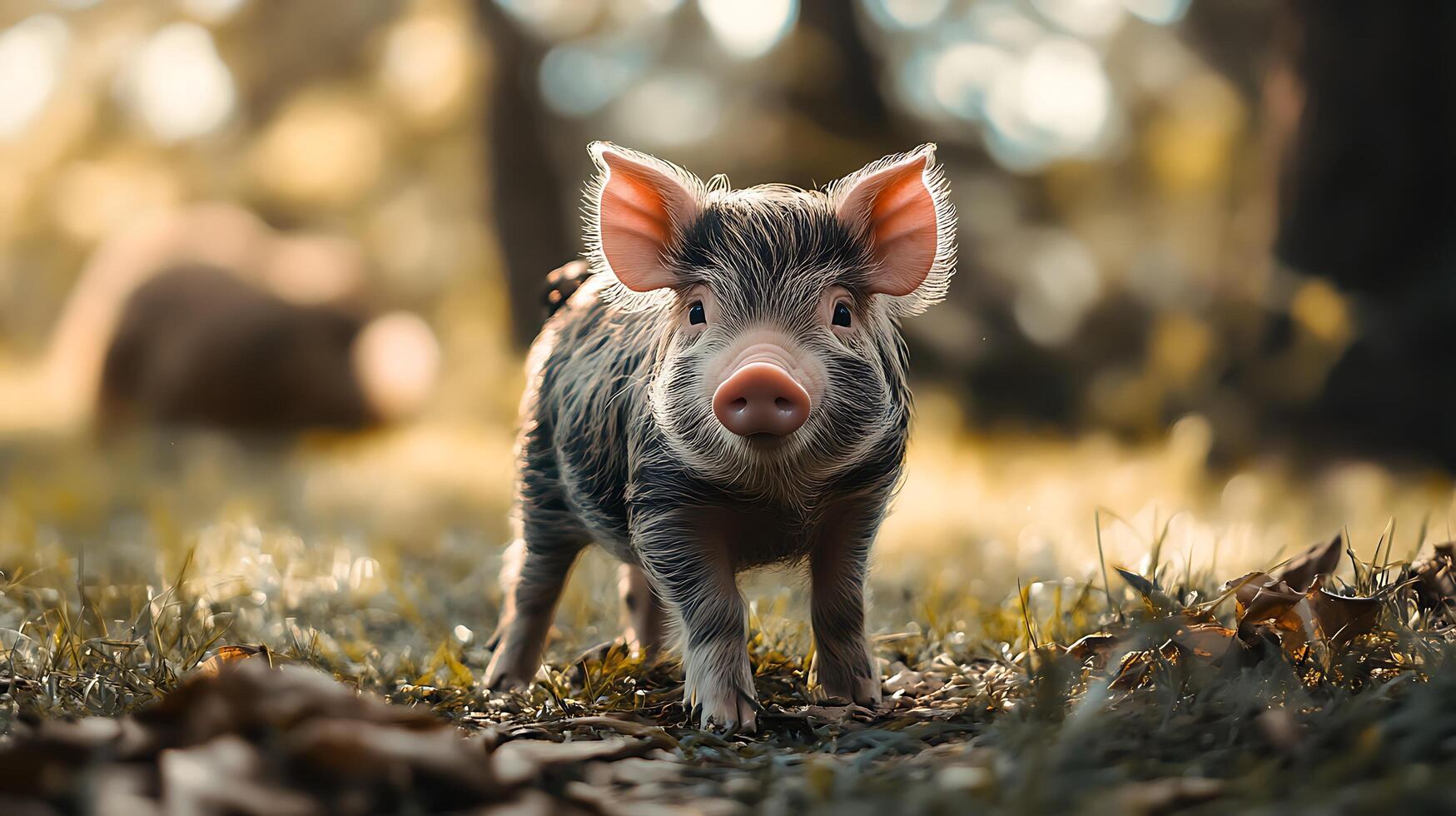 A cute piglet waddles through a grassy field its snout pink and its ears perked backlit by golden sunlight photo