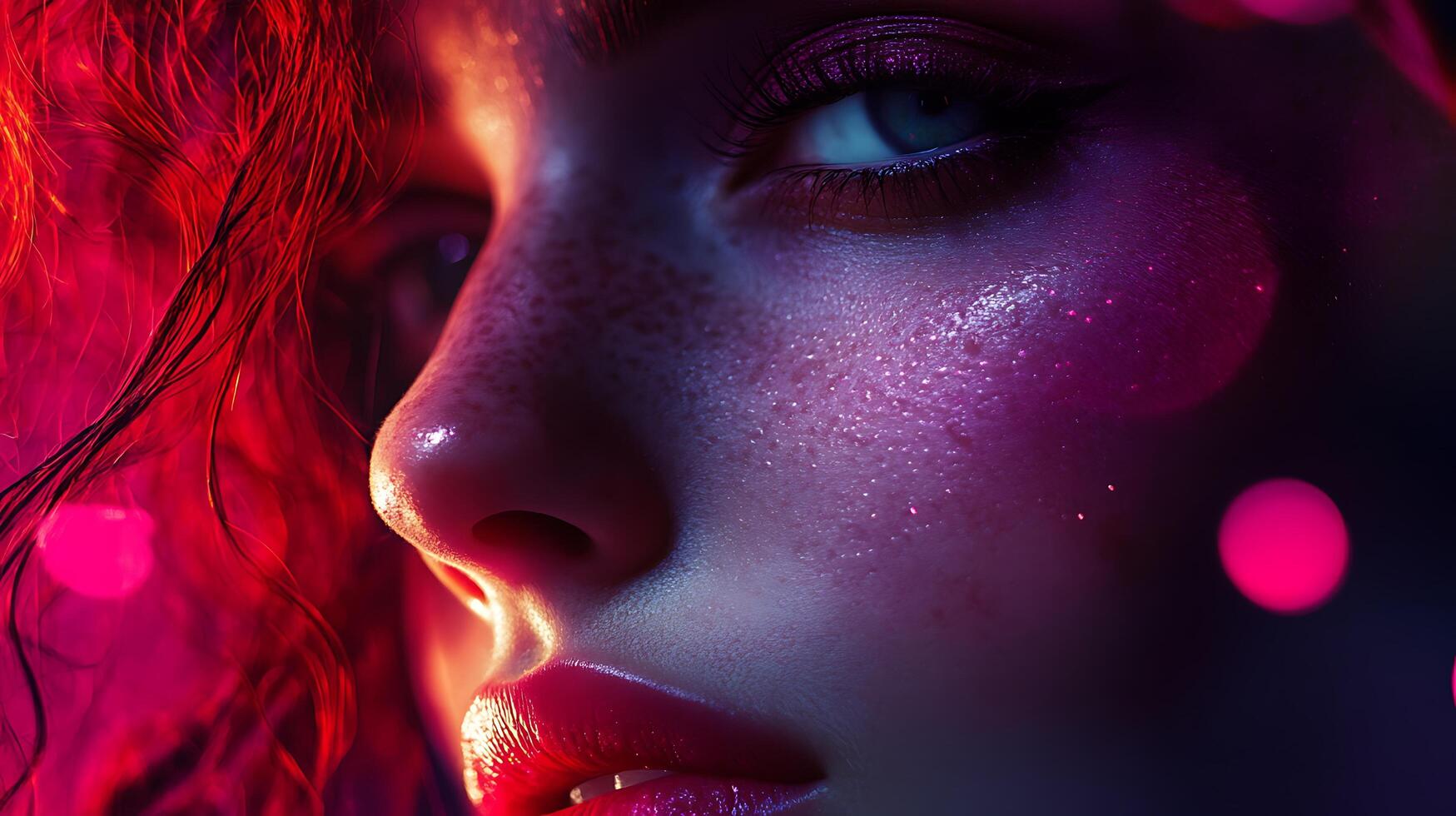 Close-up of a face with wet glowing skin and red hair illuminated by vibrant neon lighting and bokeh effects photo