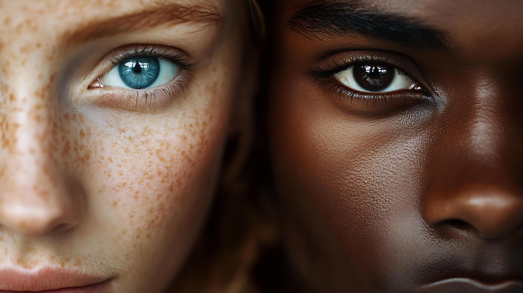 Close-up showcasing contrasting skin tones and eye colors representing diversity and unity through human faces photo