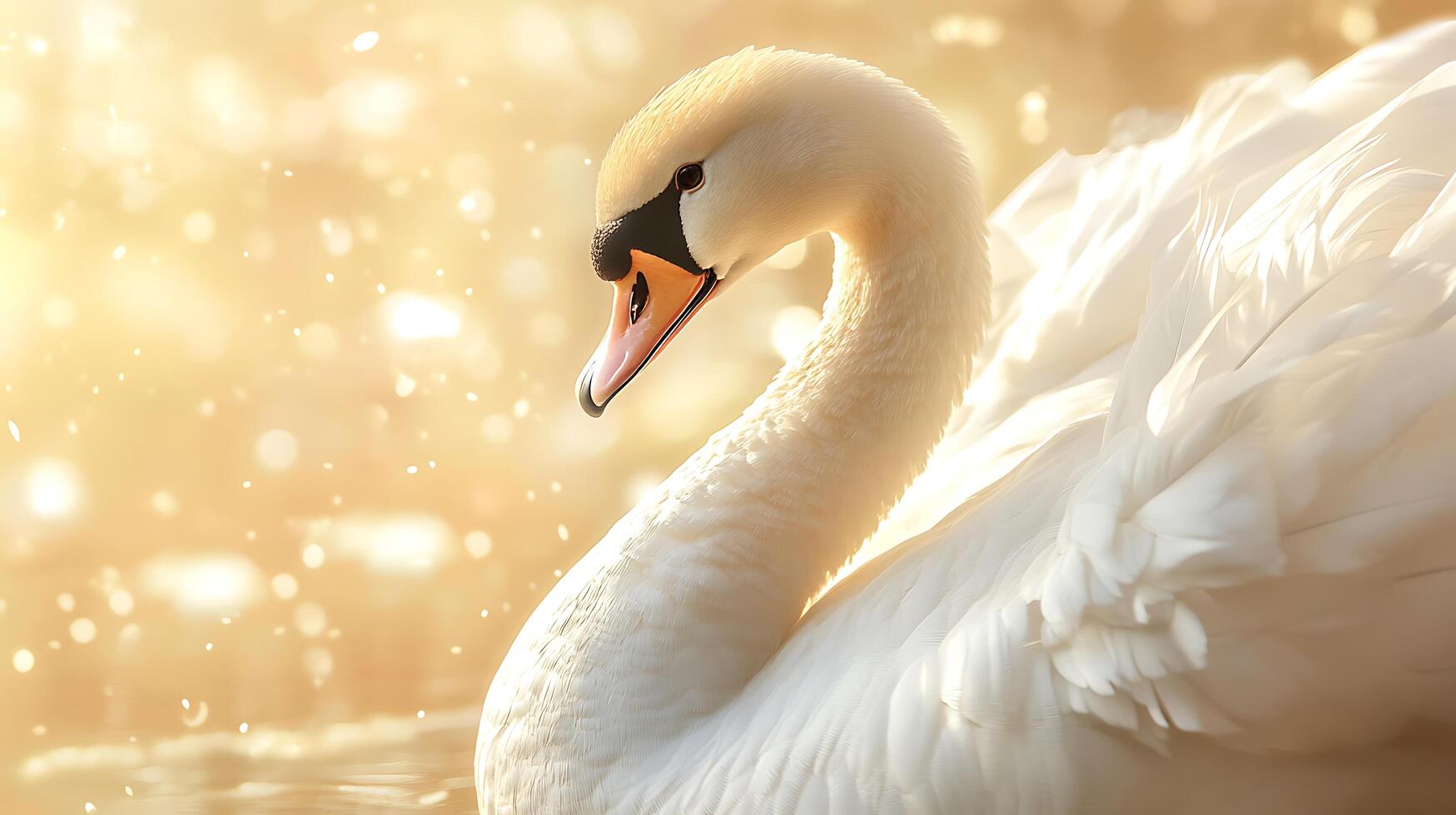 Elegant white swan gracefully glides through shimmering waters bathed in gentle light a picture of serene beauty and grace photo