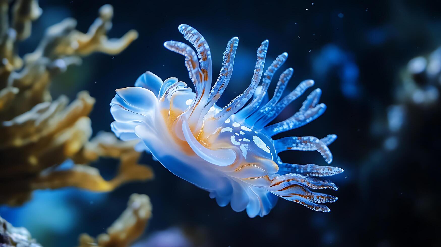 A translucent jellyfish gracefully floats amidst a vibrant coral reef its ethereal glow illuminating the underwater scene photo