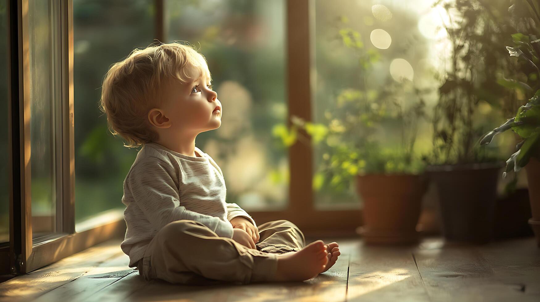 Young child gazing upwards with wonder Sunlight streams through the window highlighting innocence and curiosity photo