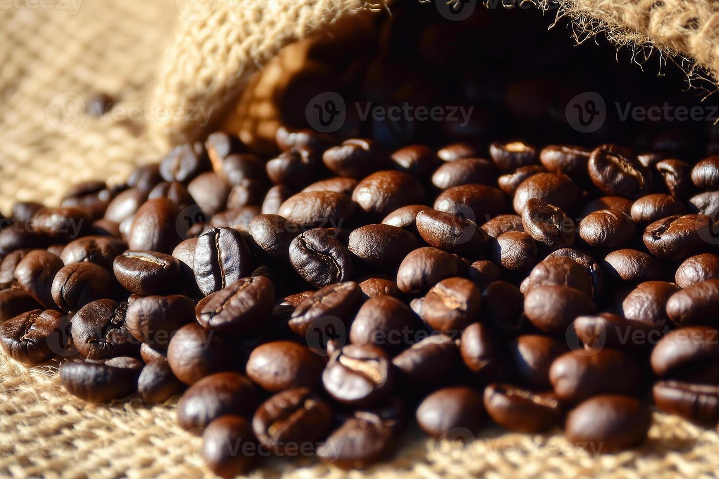 Aromatic coffee beans spill from a burlap sack, promising a rich and flavorful experience. photo
