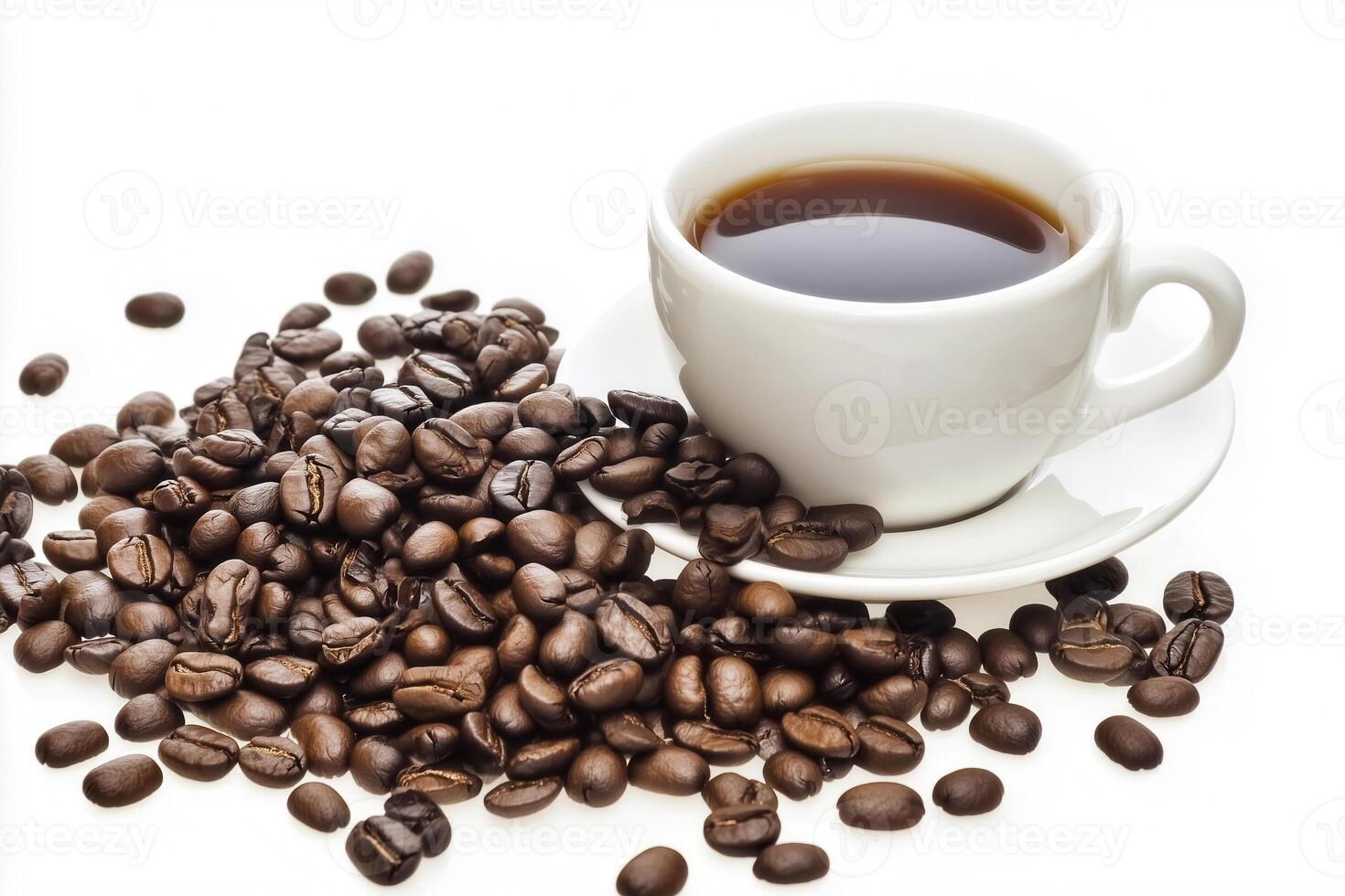 Aromatic, freshly brewed coffee in a white cup surrounded by a mound of roasted coffee beans. photo