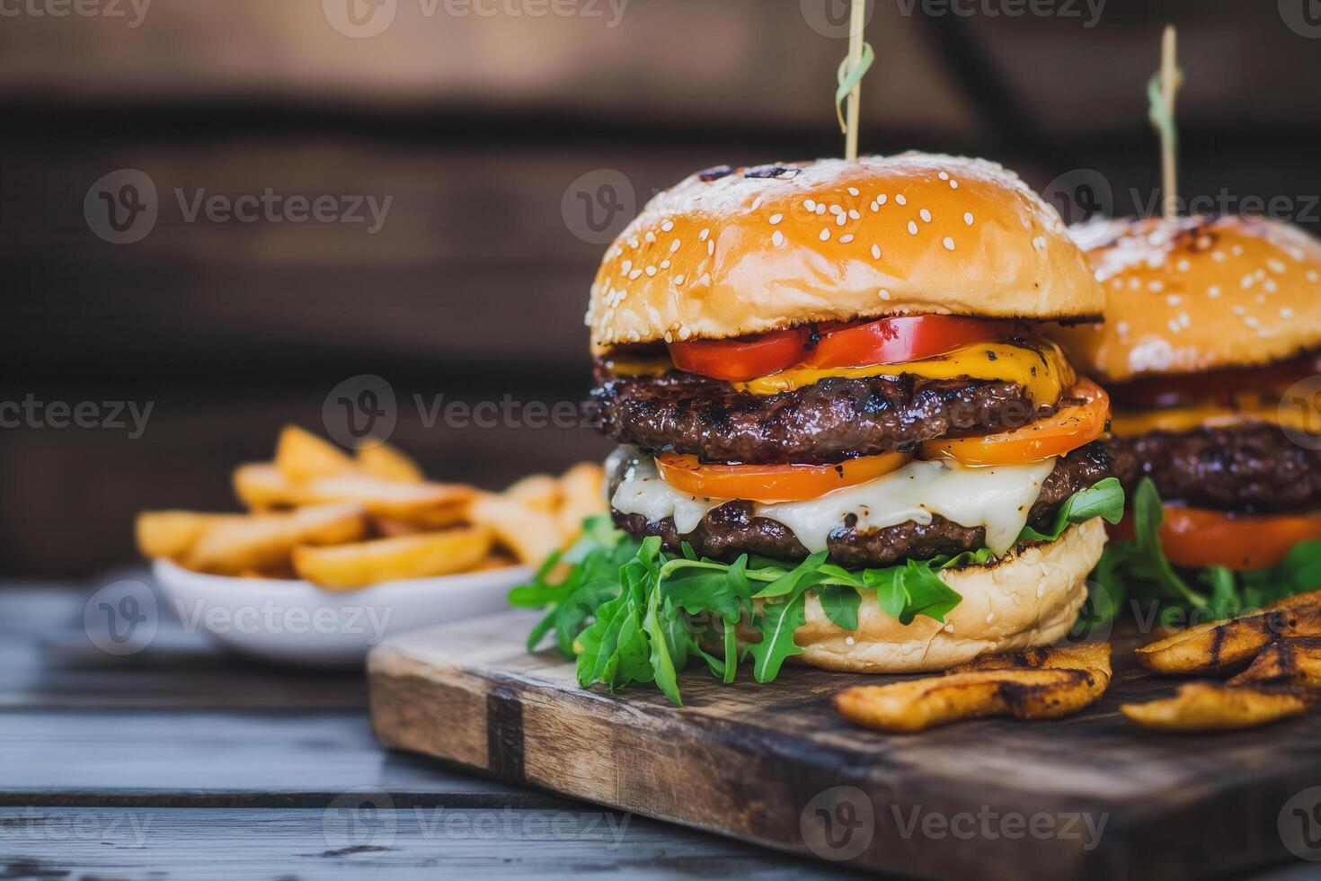 Two delicious double cheeseburgers with fries presented on a wooden board, ready to be enjoyed. photo