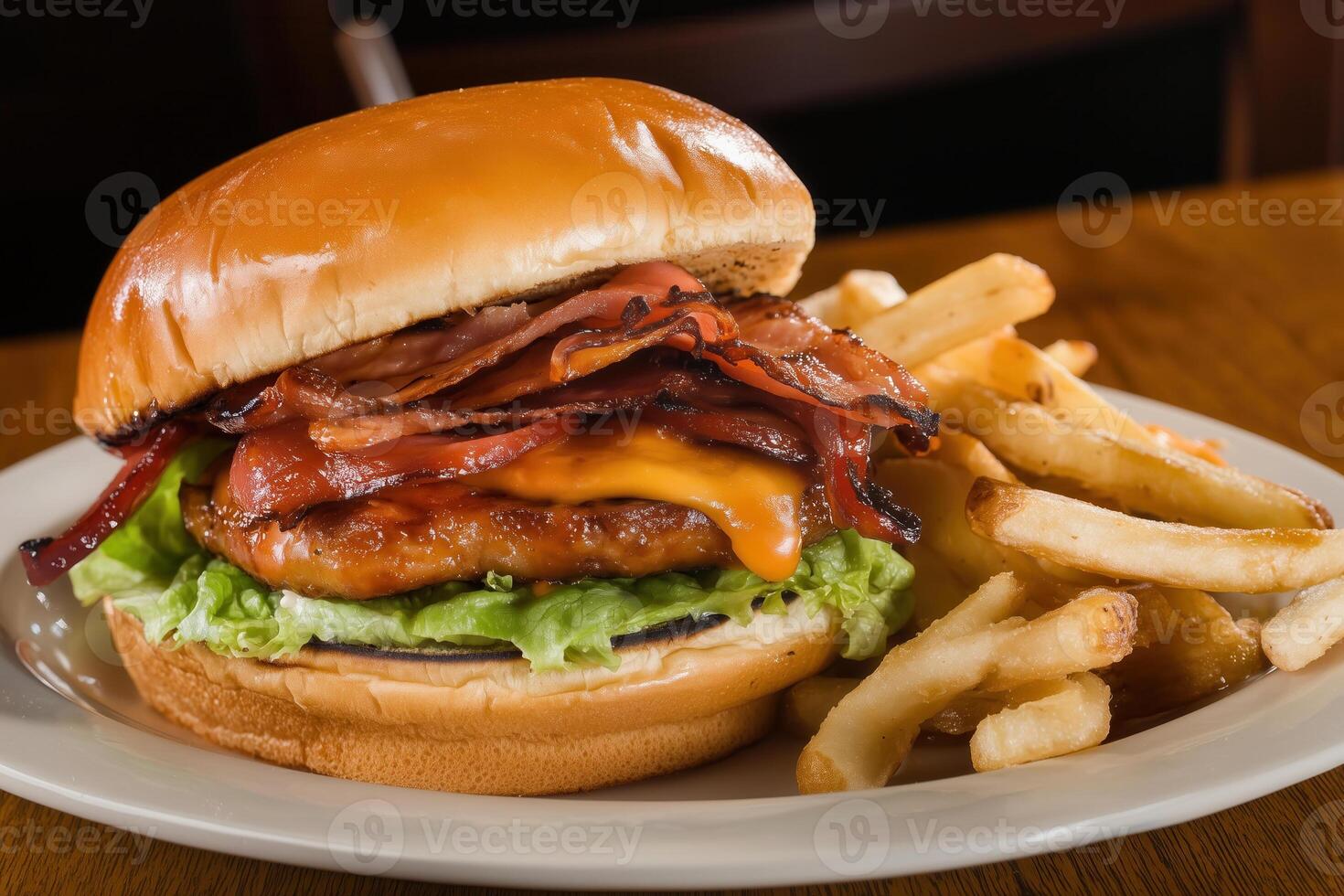 An appetizing burger with crispy bacon and melted cheese is plated alongside golden french fries. photo