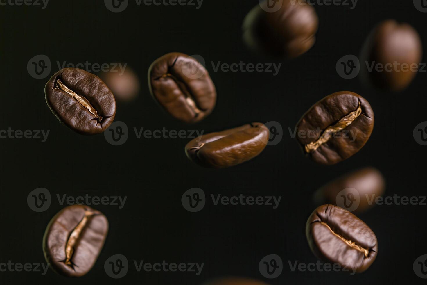 Roasted coffee beans are suspended in air, creating a visually appealing image for coffee lovers. photo