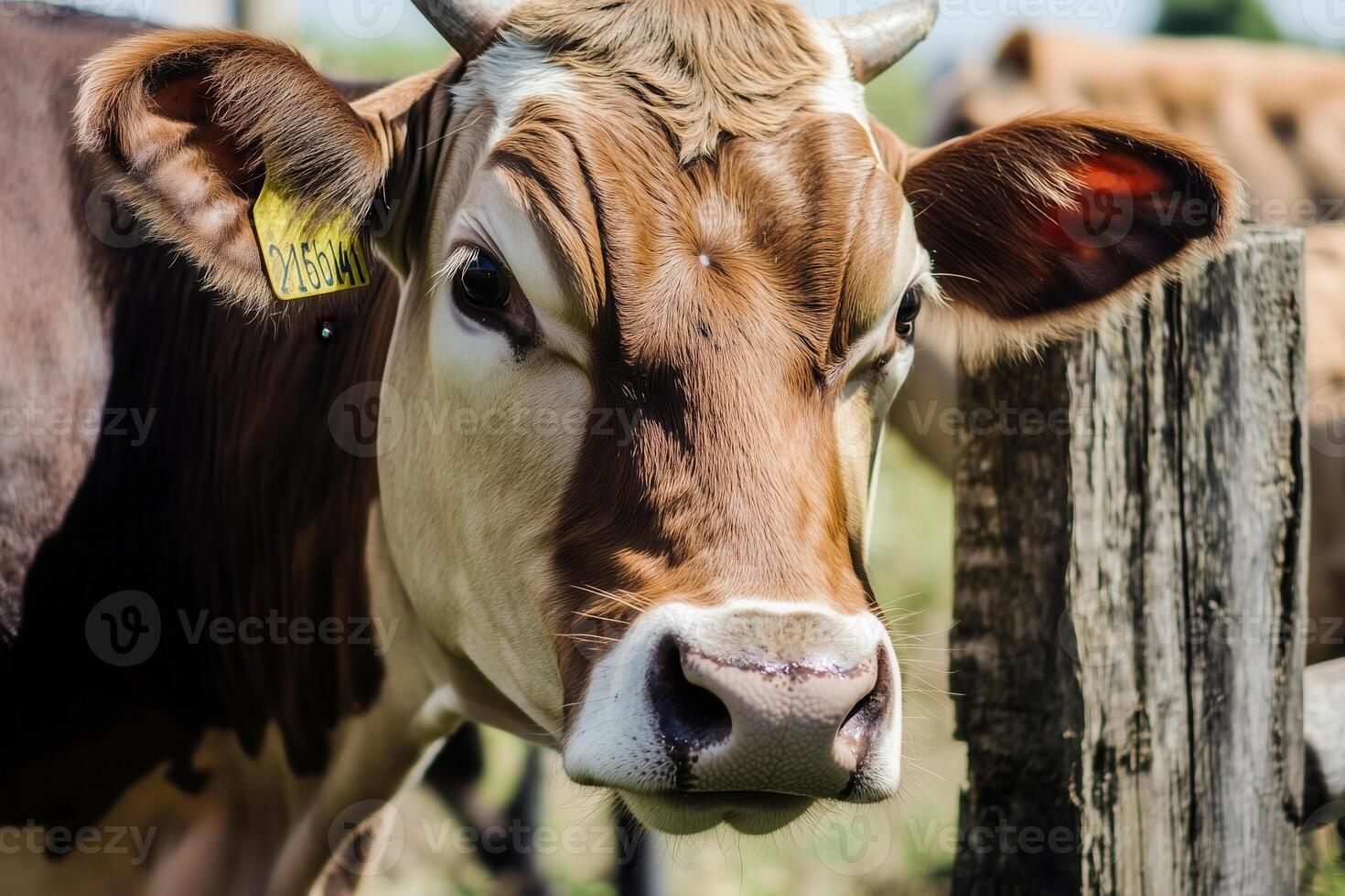 A close-up of a brown Swiss cow gazing calmly in a pasture on a bright, sunny day. photo