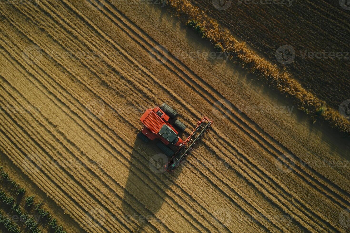 Aerial view of a red combine efficiently harvests a golden wheat field during the autumn season. photo