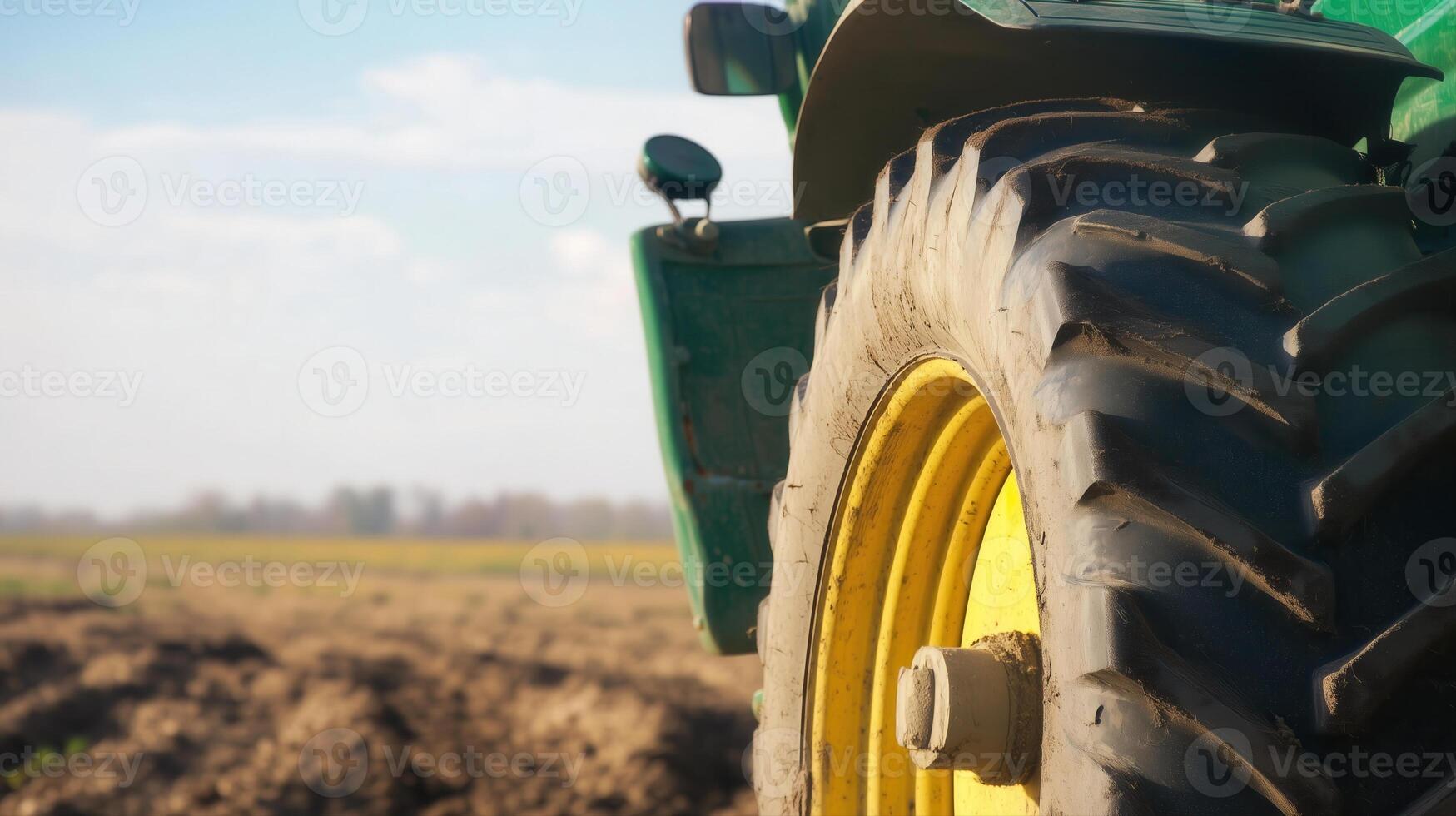 A large tractor tire stands ready in a golden field, promising a plentiful harvest. photo