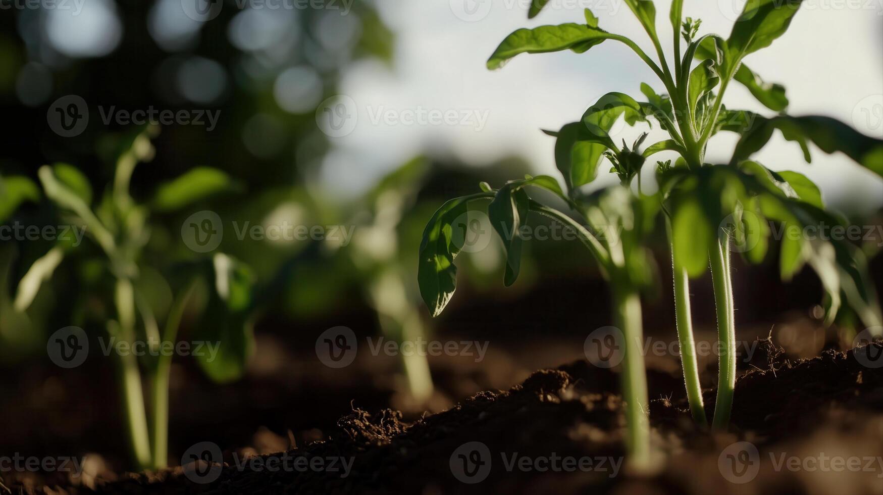 Sunlight shines on young plants emerging from the earth, symbolizing new beginnings and growth. photo