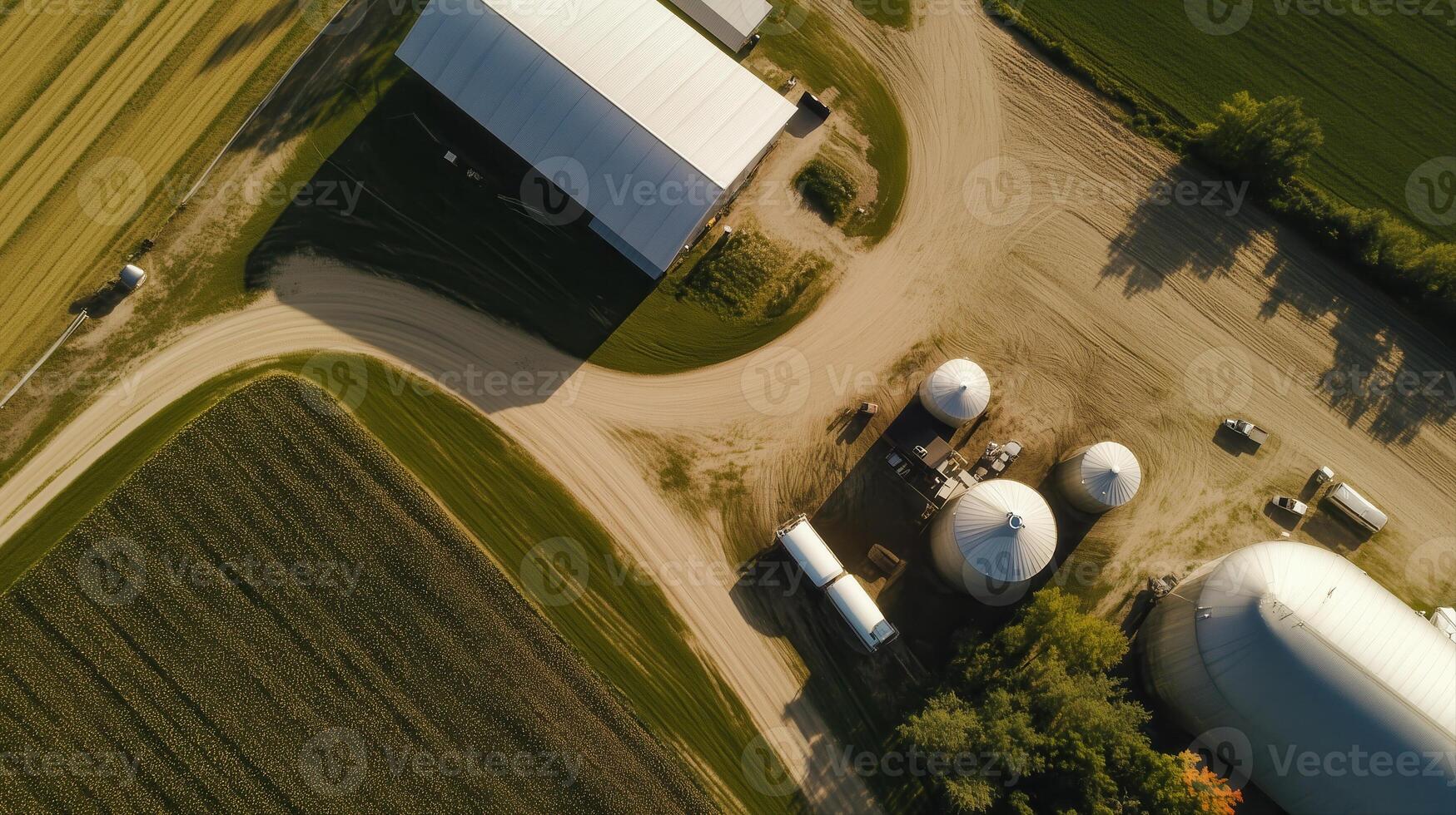 A bird's eye view of a sprawling farm featuring silos, fields, and a large barn. photo