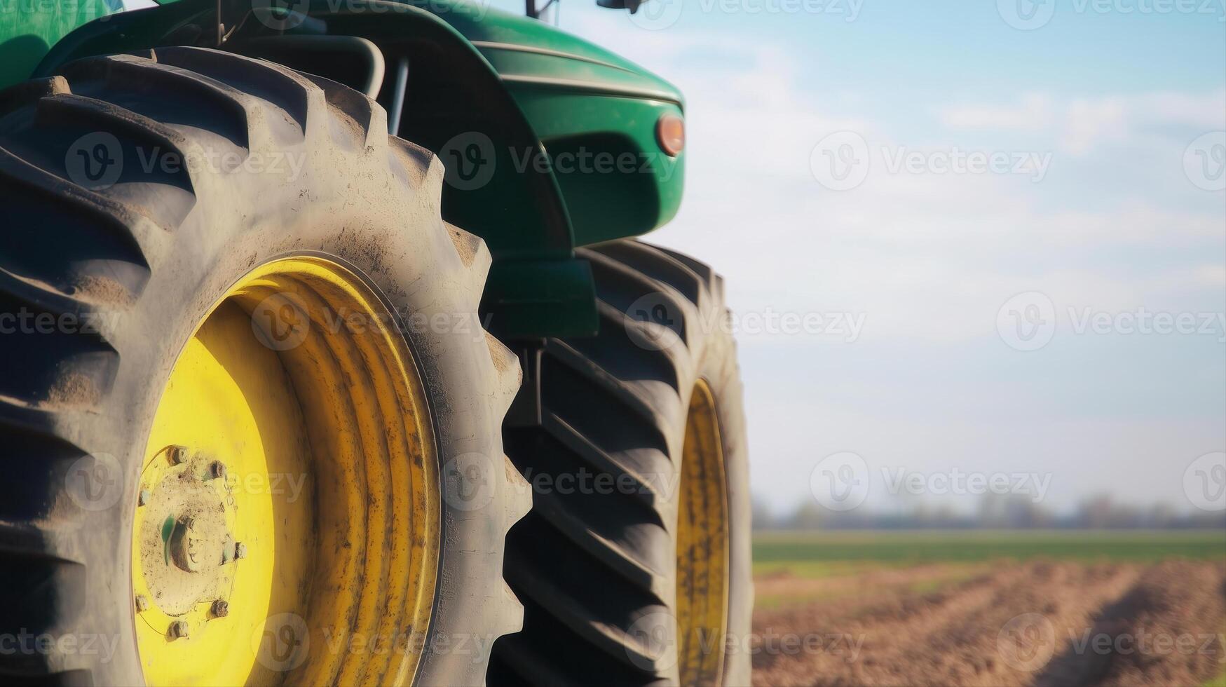 A close-up captures the robust wheel and tire of a green tractor in a farm field. photo