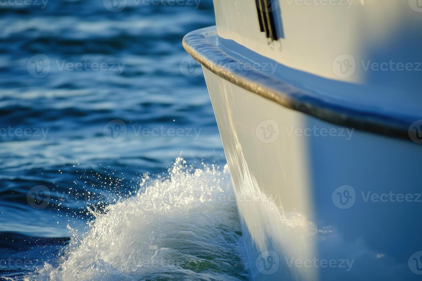 A white motorboat glides through the blue sea, leaving a trail of foamy wake behind. photo