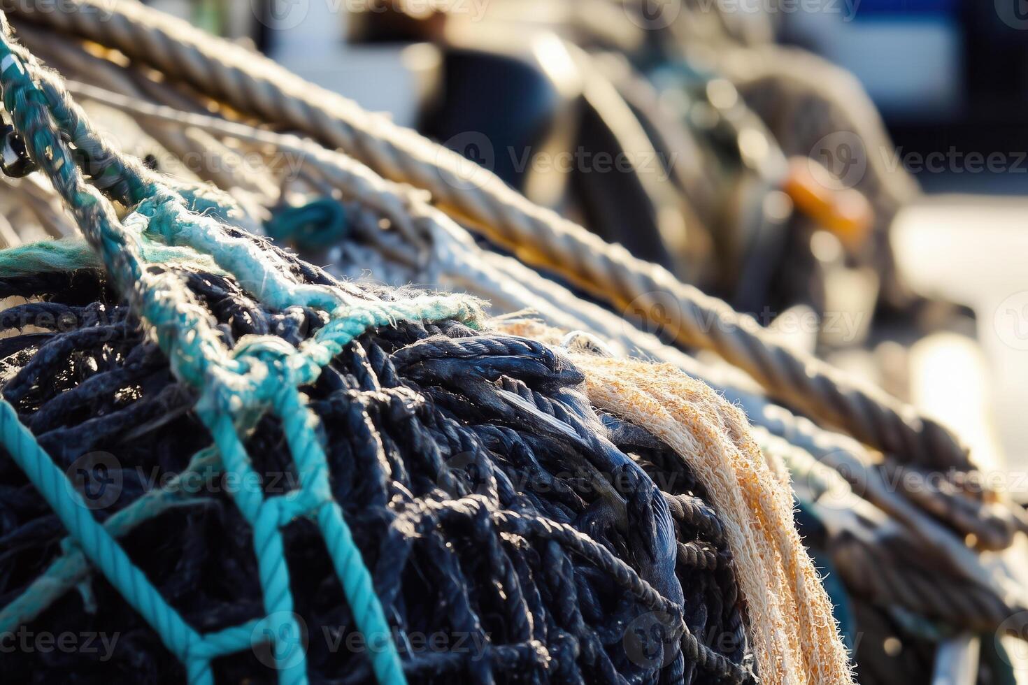 Weathered fishing nets and ropes are piled high, ready for a day of fishing on the open sea. photo