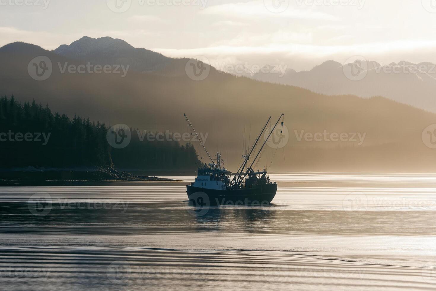 A fishing boat navigates serene Alaskan waters at dusk, framed by misty mountains and forests. photo