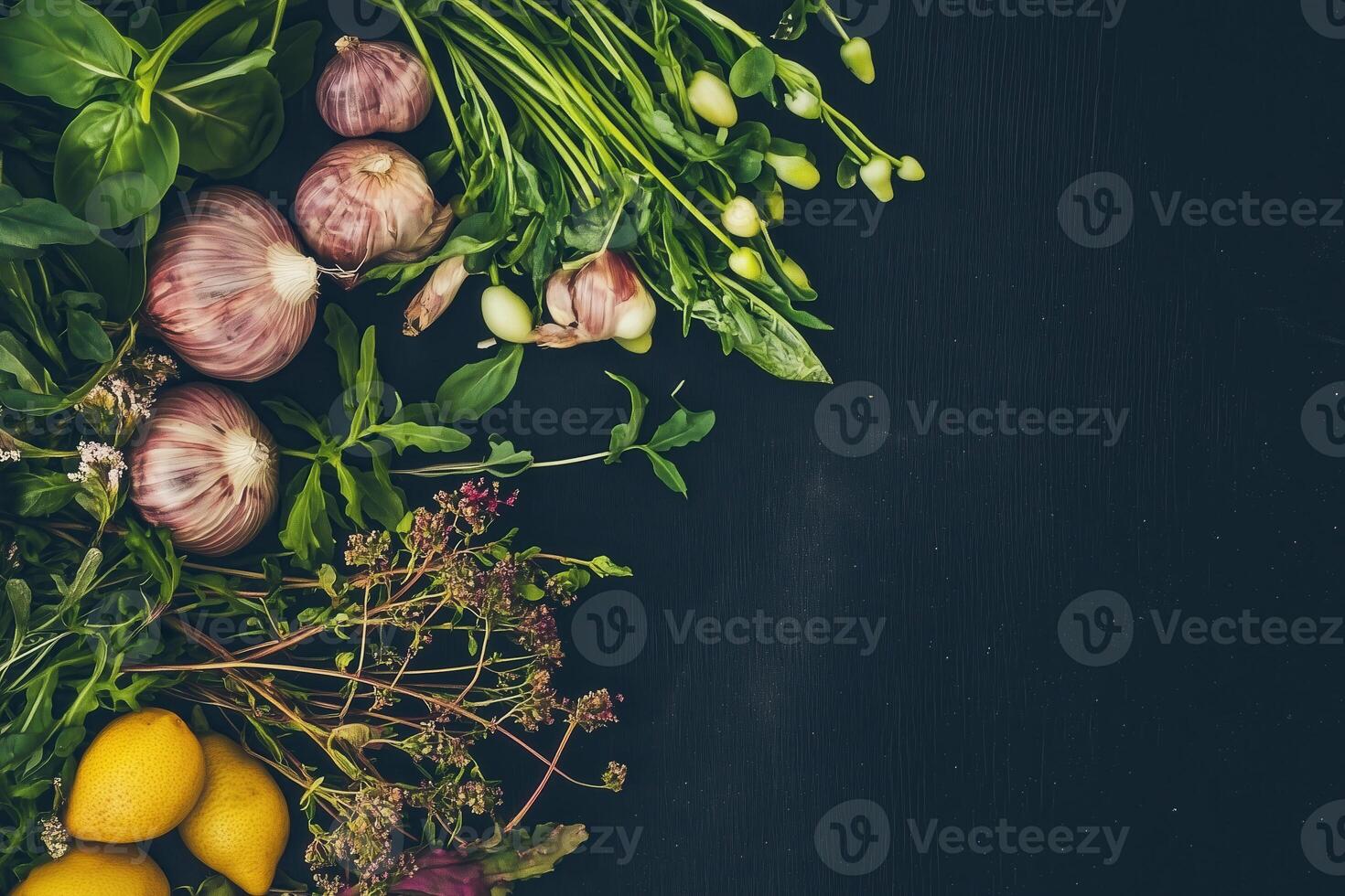 A fresh assortment of basil, garlic, lemons, and herbs creates a visually appealing still life. photo