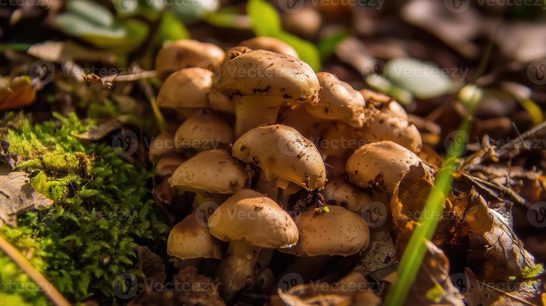 A cluster of wild mushrooms thriving on a mossy woodland floor surrounded by fallen leaves. photo