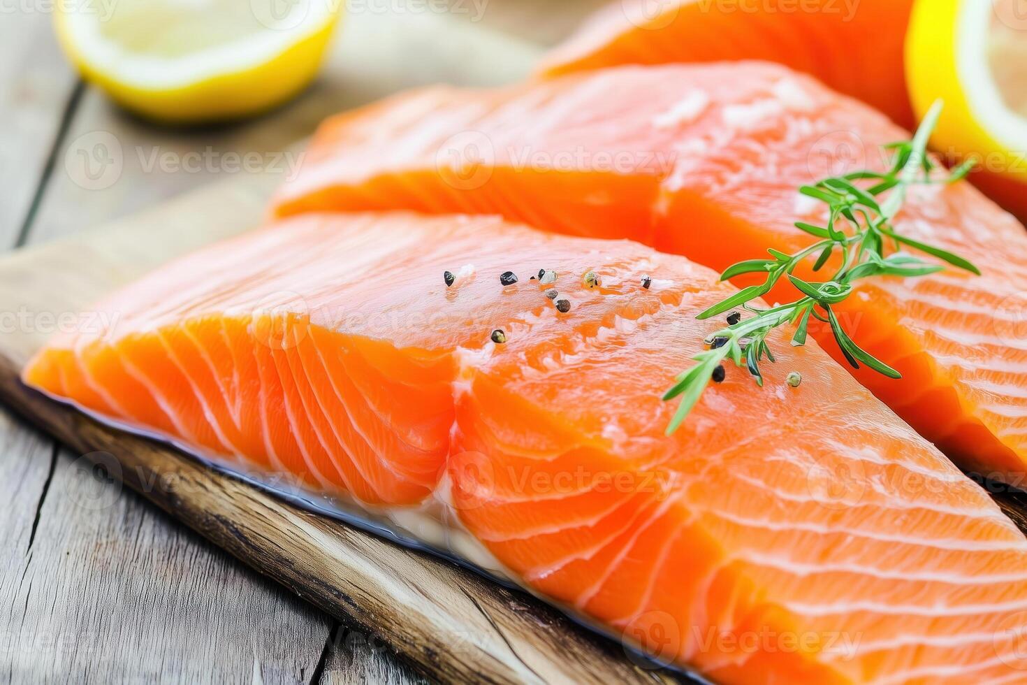 Three fresh salmon fillets seasoned with pepper and rosemary rest on a rustic wooden board. photo