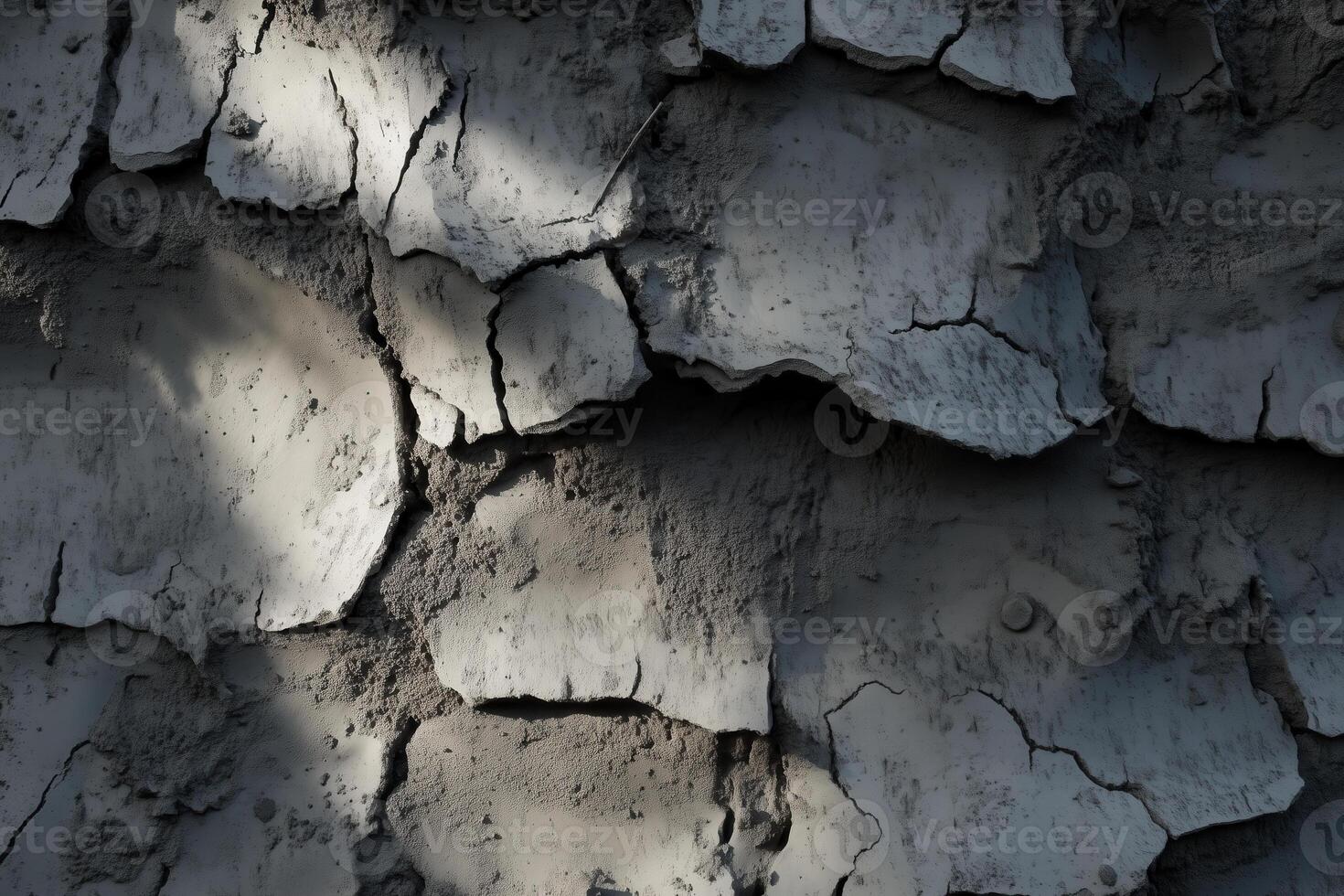 The parched earth is splitting under the harsh sunlight, revealing a desolate, textured surface. photo