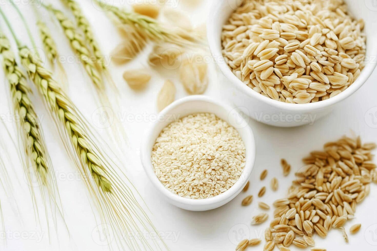 Hulled and pearled barley grains are displayed alongside wheat ears against a white background. photo