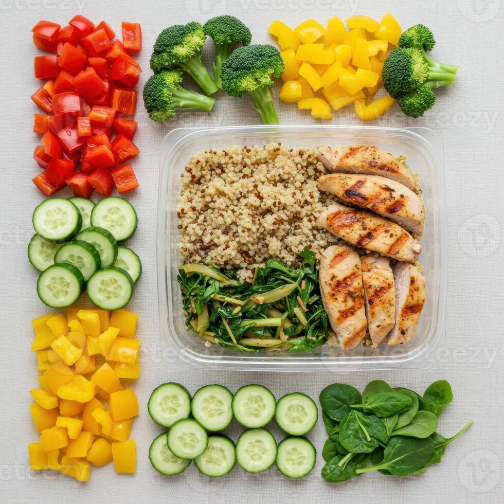 A neatly arranged meal prep container with chicken, quinoa and colorful fresh vegetables is ready to eat. photo