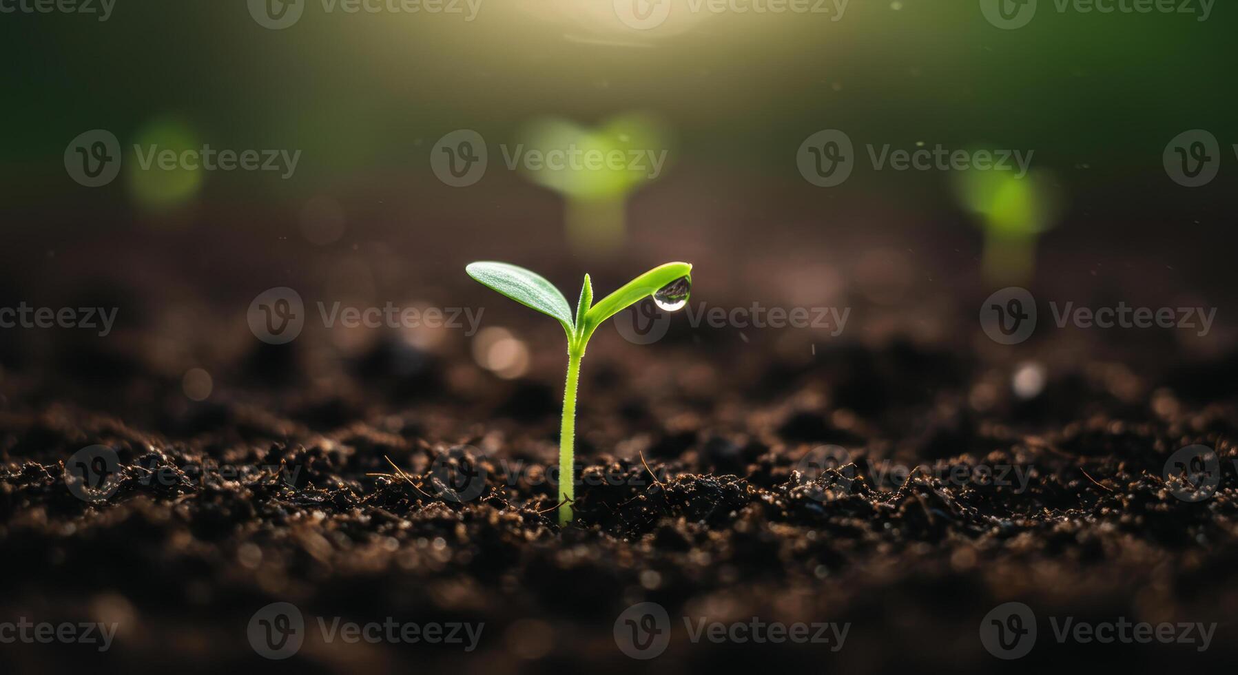 A tiny sprout with a single water drop symbolizes fresh beginnings and the promise of new growth. photo
