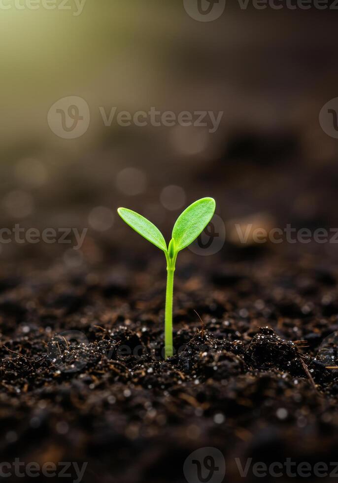A delicate seedling sprouts from the earth, bathed in soft sunlight, symbolizing new growth. photo