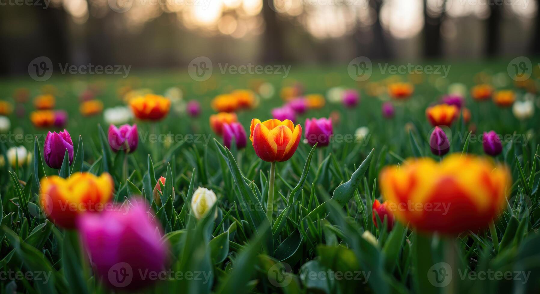 A vibrant field of tulips in full bloom offers a cheerful burst of color during springtime. photo