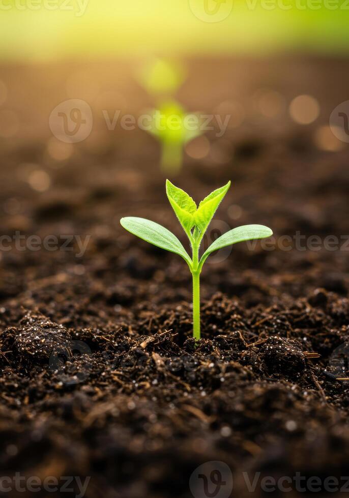 A vibrant green seedling emerges from the dark earth, symbolizing new beginnings and healthy growth. photo